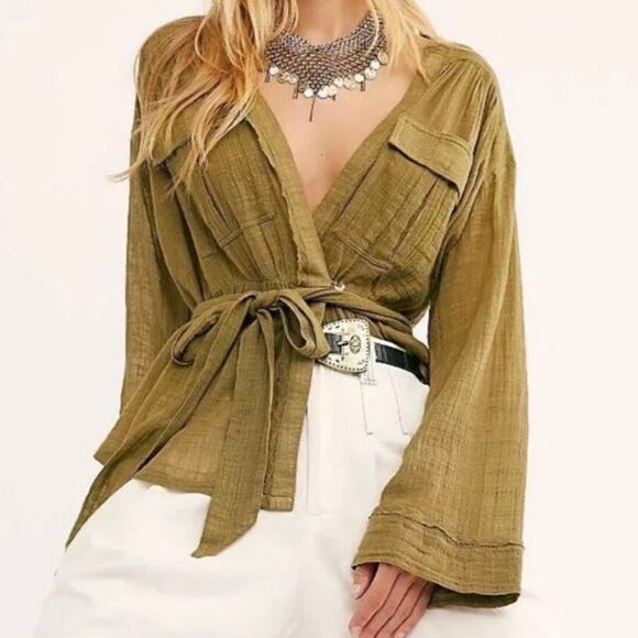 WE THE FREE | Free People Safari Sheer Wrap Top Olive Green Blouse Raw Edge | XL - Picture 1 of 10